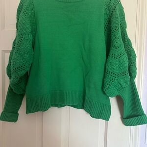 Fate Green Crew Neck Sweater with Textured Puff Sleeves
